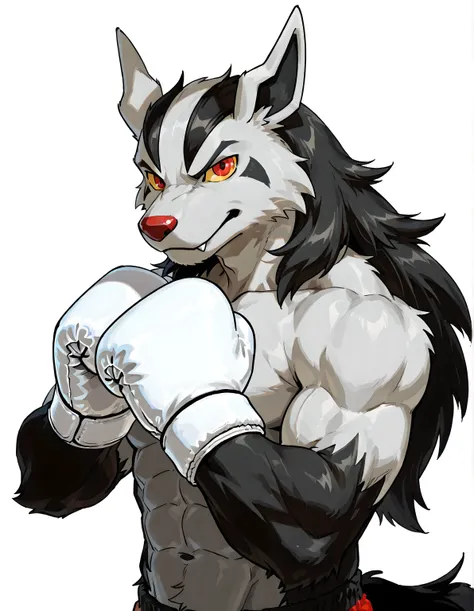 mightyena, high quality, male, solo, white background, no background, looking at viewer, posing, half body, muscular, wearing white boxing_gloves, pov_boxing, boxing posture, boxing stance, front view, red eyes, yellow sclera