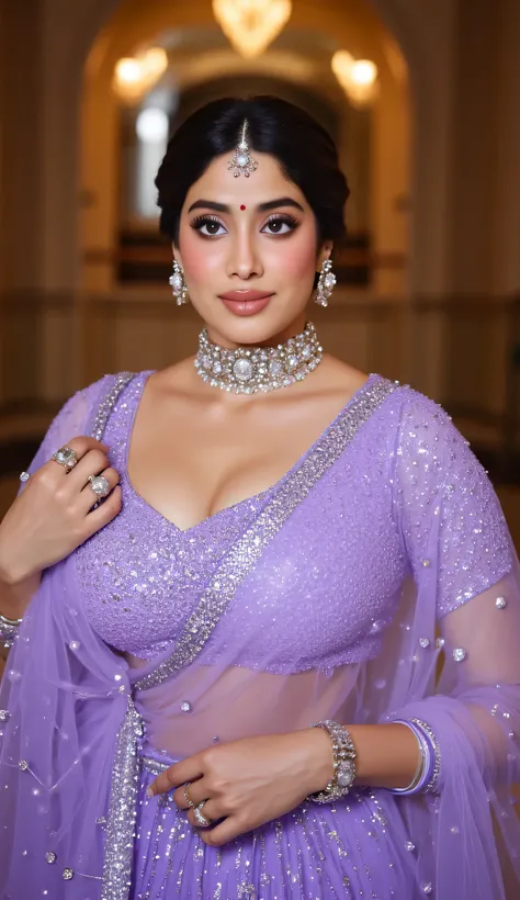 A mesmerizing Indian woman in a lavender lehenga with silver detailing