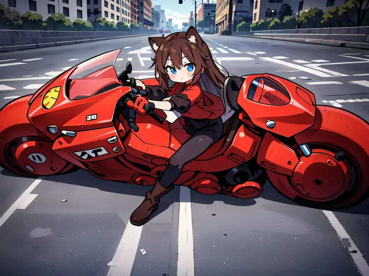  anime style、  fox ears、 brown hair on both arms、 long hair、 girls on the left、  blue eyes 、riding a motorcycle