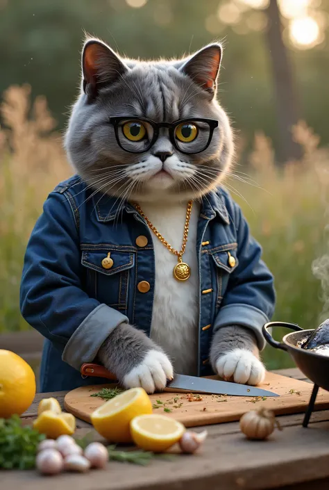 
The image portrays the same ultra-realistic gray cat, fat and charismatic, with its dense and shiny coat predominantly gray, Around the chest and the tips of the white paws. He wears his characteristic dark blue denim jacket, with visible details such as ...