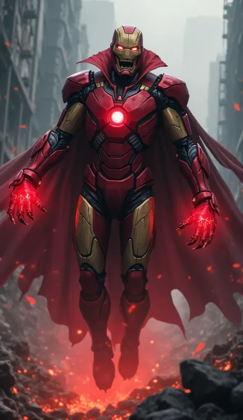 A vampire Iron Man floats mid-air, his crimson and gold armor now darkened and cracked, glowing with eerie blood-red energy. His helmet is partially lifted, revealing his pale, sunken face with glowing red eyes and sharp, extended fangs dripping with blood...