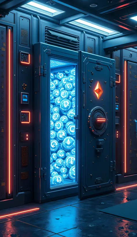 Big Locker which is highly secured, inside it lot of etherium cryptoetherium, etherium glowing, and high security around the locker, glowing neon effect, Locker Is Opened 