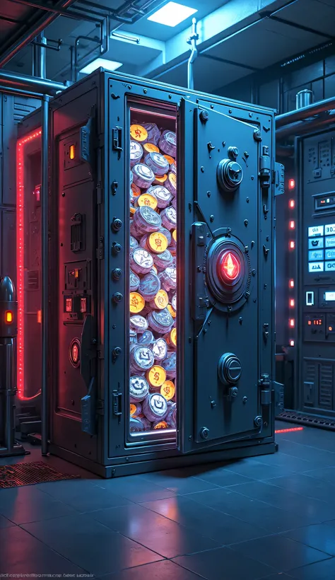 Big Locker which is highly secured, inside it lot of etherium cryptoetherium, etherium glowing, and high security around the locker, glowing neon effect, Locker Is Opened 