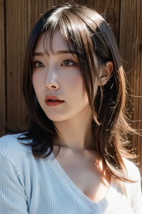 (In 8K, top quality,      masterpiece:1.2), (realistic, Photorealistic:1.37), very well detailed,      natural light, medium breasts,  Knitted V-neck shirt  , Cowgirl who    , very well detailedな顔と肌,      detailed eyes, very well detailedな顔と肌