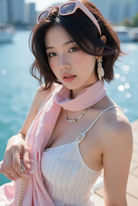 (Detailed body, detailed face, best quality: 1.2), short brown hair, wind, sunglasses on head, pink scarf, white spaghetti strap dress with gold pinstripe, close-up of beautiful Korean female model, looking at viewer, holding pink designer bag, chestnut ha...