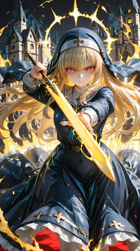 solo, 1girl, aiming a Longsword at viewer, (glowing yellow sword, aura:1.3), fighting stance, 
BREAK 1girl, nun, long dress, (navy:1.3) dress, glowing red eyes, long blonde hair, serious,
BREAK night, dark background, castle,
BREAK diffraction spikes, dept...