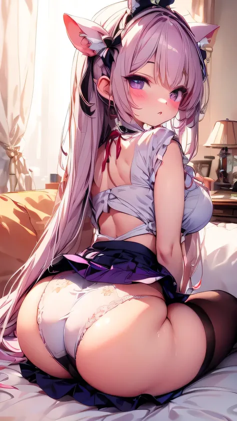 1girl arina_(ask)  Butt Back Black _panties black_ Thigh High Blush Bow Camel Toe Clothes _Hair lift_Bow Hair_ Ornament Hair Clip Hi-Res Look _in_ Viewer　 watching_Backmade Made_HEADDRESS_ Hair Original Panties Pink _ purple hair_Eye Shirt _Partial_ Detach...