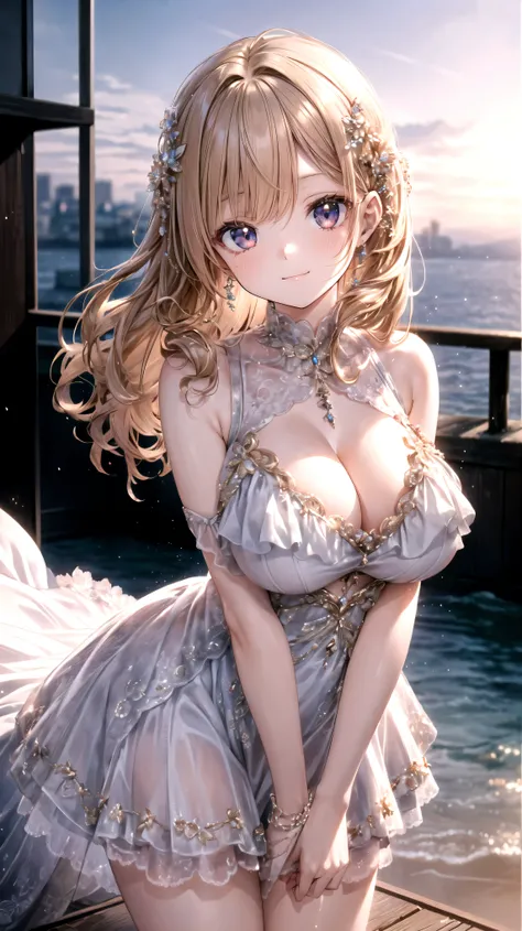 curly hair,  elegant silk dress, Retroドレス, huge breasts, hyper detailed beautiful eyes, hyper detail face, ((Smile)), looking at viewer, leaning forward,  light particles, Retro, ( shallow depth of field:1.5), film grain, landscape, light sparkles, light l...