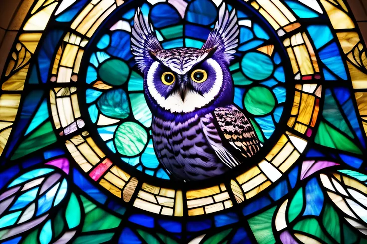 A majestic owl with intricate stained glass patterns in deep blues, purples, and gold. The owl’s eyes glow with wisdom, surrounded by a celestial background with stars and a crescent moon. The feathers resemble ornate glass pieces, reflecting light beautif...