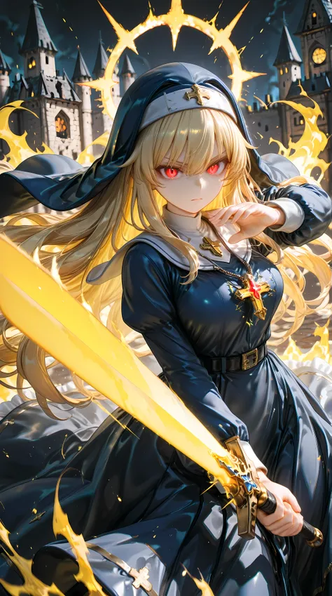 solo, 1girl, aiming a Longsword at viewer, (glowing yellow sword, aura:1.3), fighting stance, 
BREAK 1girl, nun, long dress, (navy:1.3) dress, glowing red eyes, long blonde hair, serious,
BREAK night, dark background, castle,
BREAK diffraction spikes, dept...