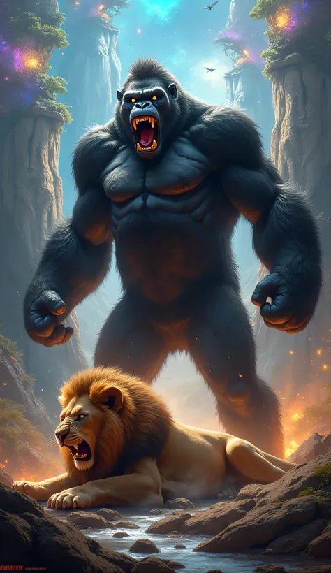 Highly Detailed Prompt:

*“A towering, battle-hardened gorilla stands triumphantly over the lifeless body of a mighty lion. Its powerful fists are clenched, still dripping with fresh blood, while its deep, glowing eyes radiate dominance and primal fury. It...