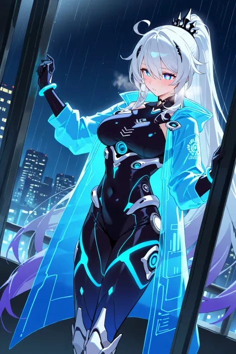 score_9, score_8_up, score_7_up, masterpiece, best quality, very aesthetic, absurdres, tunning image, light particles, attractive image, 1girl, adult grown woman, kiana kaslana \(honkai impact 3rd\), herrscher of finality, white hair, ahego, high ponytail,...