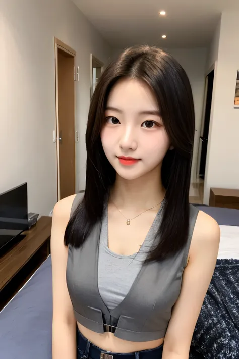 19 years Old young South Korean girls, beauty face, elegant face, thin, long sleek straight hair style, lipstick, night, brown skin color, Girl With a perfect figure, weight 33kg, wearing a bulletproof vest, wearing gray military clothing and tight militar...