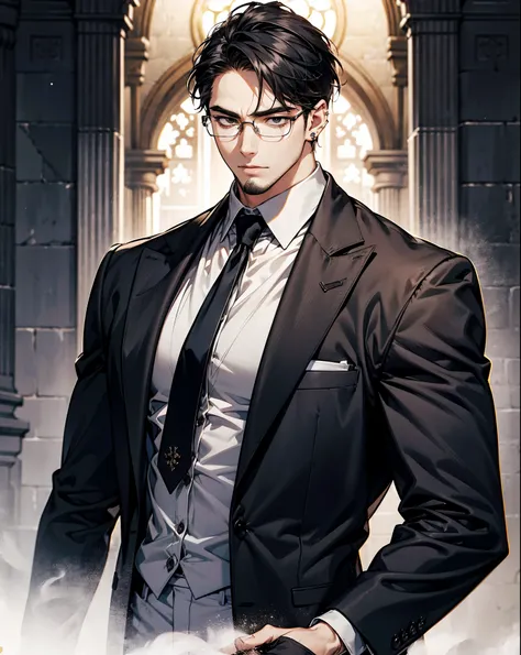 Masterpiece, Absurdres, Hyper detailed, 4k, UHD, Anime-style illustration, (((solo))) pianist, 1Difficult adult male, (middle age:1.25) black hair, short hair, parted bangs, black eyes, thin chin beard, Fair skin, (Anatomically correct) toned body, three-p...