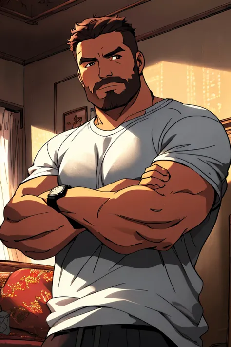 close up 1man in, bearded, Solo, black skin, tanned skin, brown skin, latino, brown hair, messy brown hair, short hair, dark eyes, taned skin, heavy set, big boned, strong, thick body, bara, manicured beard, detailed skin, neutral face, (wearing t-shirt, ...