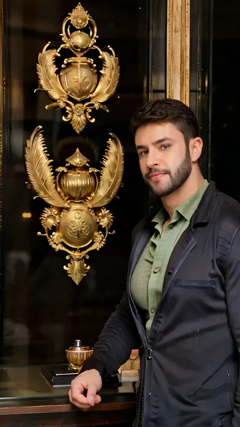 (Realistic),masterpiece,best quality,cinematicA little bit muscular man with dark blonde hair, detailed seductive eyes, wearing a green t-shirt in a beautiful futuristic room. It's incredibly realistic and minimalist. Reality is perfect and we perceive in ...