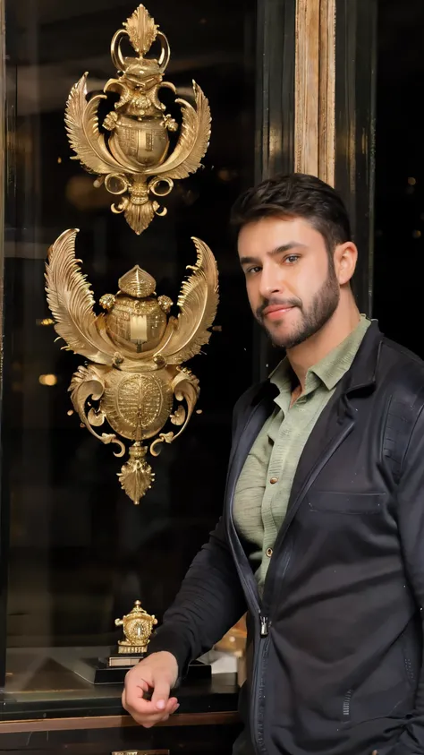 (Realistic),masterpiece,best quality,cinematicA little bit muscular man with dark blonde hair, detailed seductive eyes, wearing a green t-shirt in a beautiful futuristic room. It's incredibly realistic and minimalist. Reality is perfect and we perceive in ...
