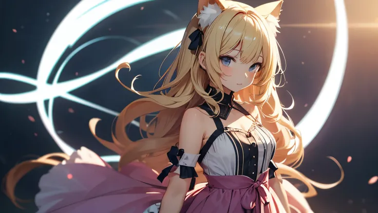 Anime girl character with flowing soft blonde hair, with cat ears and wearing a dress, with a background