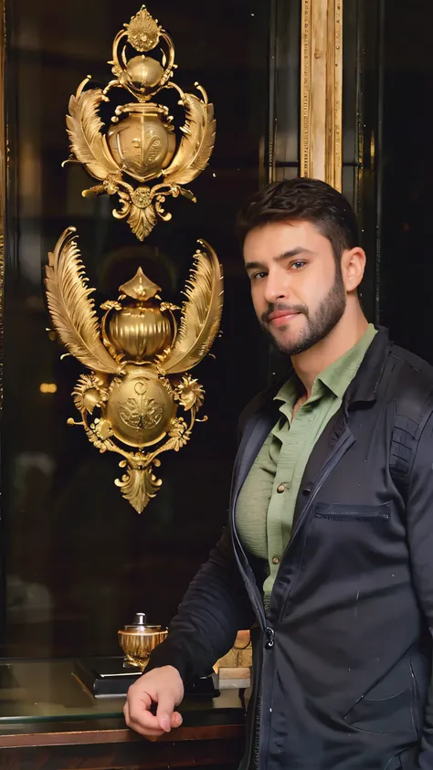 (Realistic),masterpiece,best quality,cinematicA little bit muscular man with dark blonde hair, detailed seductive eyes, wearing a green t-shirt in a beautiful futuristic room. It's incredibly realistic and minimalist. Reality is perfect and we perceive in ...
