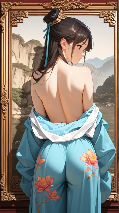 1 girl.alone,Hanfu, just pull {x} pieces of Chinese clothes,(Back side:1.2), photos,  masterpiece,  photorealism,TOP QUALITY, 超high resolution, RAW photo,  photos撮影,  professional,  Amazing Details , colorful, Surrealism,  masterpiece, TOP QUALITY, high re...