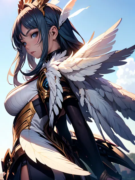 ((Seductive anime lady:1.3, solo:1.5))、((fusion of craw and lady:1.4))、((full body:1.2))、((Winged On the back:1.3))、((feather clothes:1.3))、((dynamic angle:1.2))、((Flying:1.5))、((blue sky background:1.5))、looking down at viewer、((elaborate eyes:1.2))、((ela...