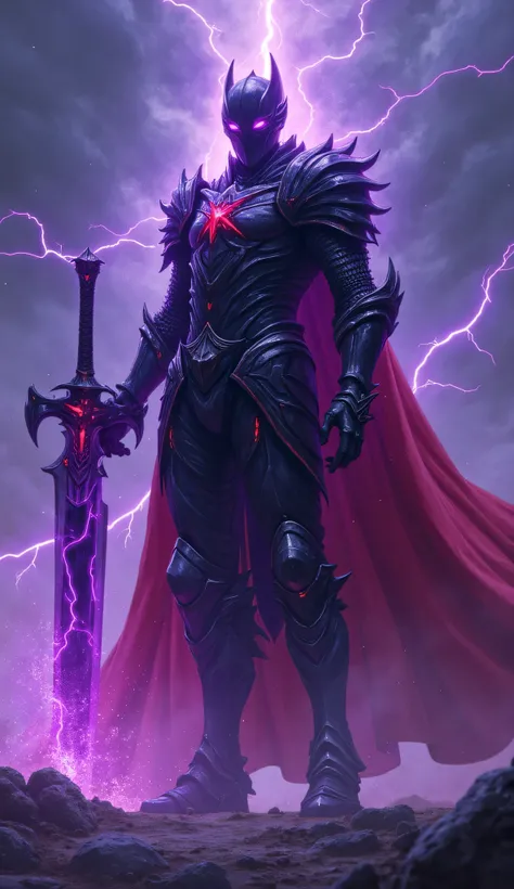 Igris, the legendary Blood-Red Commander from Solo Leveling, standing in his full, crimson-lined black armor, his burning purple eyes locked onto the camera. His battle-worn armor glows faintly with streaks of violet energy, pulsating like the veins of a l...