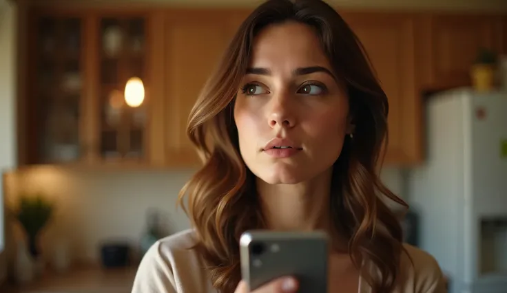 A woman standing in her cozy kitchen, holding a phone in her hand, eyes filled with disbelief and determination. The kitchen is warmly lit, with soft, high-key lighting that creates an inviting atmosphere. The woman's face is illuminated, showing a mix of ...