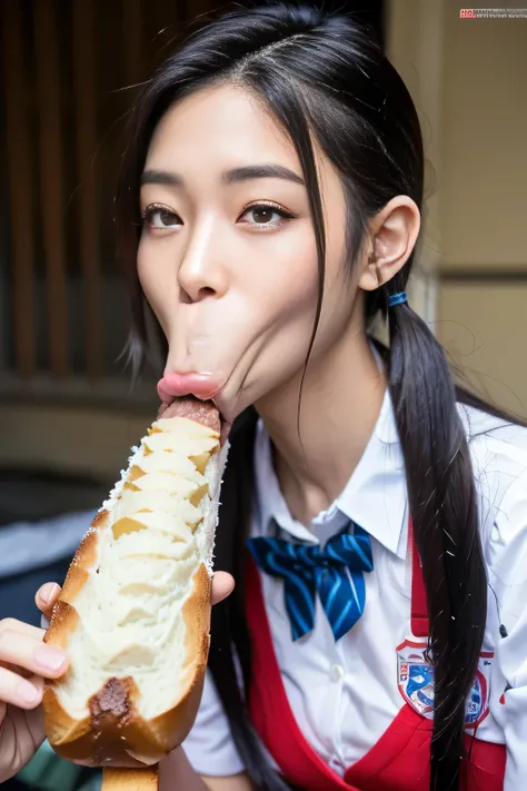 masterpiece, best quality, intricate details, extremely detailed, cinematic lighting, solo, 1girl, a 16yo Japanese schoolgirl, White skin, (oral, blowjob, deepthroat, White bread in hand, shovel a long bread into mouth, fully open mouth:1.4), (large breast...