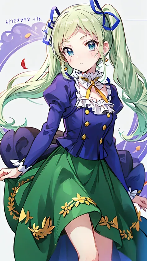 > "An anime-style girl with large almond-shaped emerald green eyes and long curled twin-tails in platinum blonde. Her bangs are slightly parted, revealing part of her forehead. She has an elegant and gentle smile, with a refined and aristocratic aura. She ...