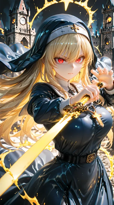 solo, 1girl, aiming a Longsword at viewer, (glowing yellow sword, aura:1.3), fighting stance, 
BREAK 1girl, nun, long dress, (navy:1.3) dress, glowing red eyes, long blonde hair, serious,
BREAK night, dark background, castle,
BREAK diffraction spikes, dept...