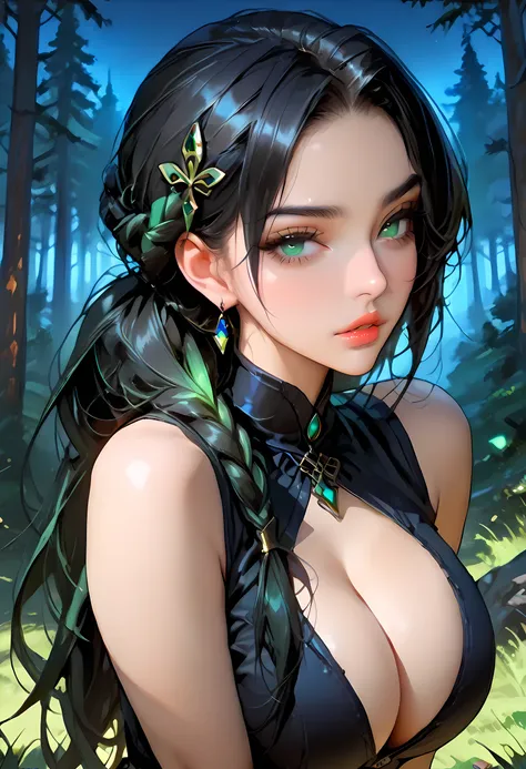 1 sexy girl, (green iris:1.5), (black hairs:1.5), cleavage, sleeveless, (masterpiece, best quality, ultra detailed, absurdres:1.5), (sexy, beautiful woman, perfect face, perfect eyes, perfect female body:1.5), braid, ponytail, hair ornament, bangs, bare sh...