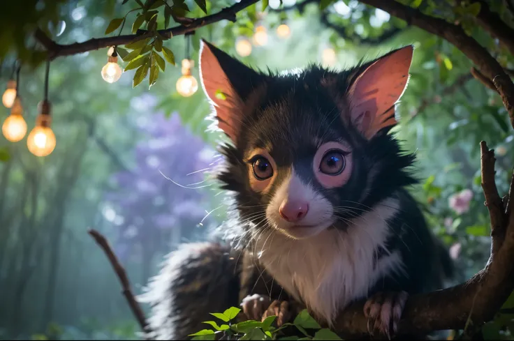 "A magical aye-aye sitting on an enchanted tree branch, surrounded by glowing bioluminescent plants and soft ethereal mist. The aye-aye has large, expressive eyes that reflect the glowing lights, and its fur shimmers with hints of blue and purple. The back...