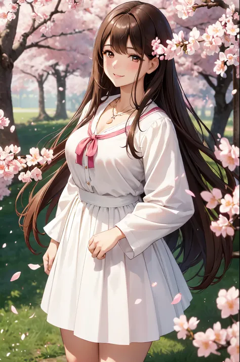 (High quality, High resolution, Fine details), standing in a field of blooming cherry blossoms, cherry petals swirling around her, White blouse, Soft black skirt, Natural makeup, Necklace, solo, curvy adult women, long flowing light brown hair, sparkling e...