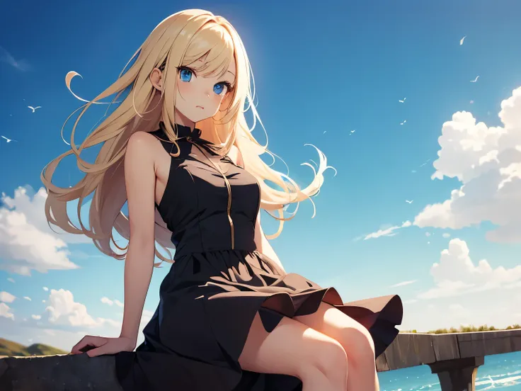 Anime girl character with flowing blonde hair, blue eyes and wearing a dress, with a background