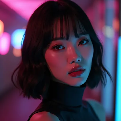 "A breathtakingly gorgeous Asian woman with a striking resemblance to BLACKPINK Lisa. She has large, captivating almond-shaped eyes with a deep, intense gaze, framed by long, dark lashes. Her nose is sharp and well-defined, and her full, glossy lips add to...