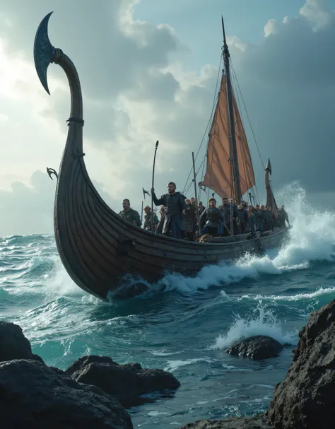 **Prompt:** Design a breathtakingly detailed landscape scene depicting a Viking seafaring army navigating the long wooden boat on the tumultuous waters of the medieval North Sea. Showcase hyper-realism in the composition, featuring a long size Viking long ...