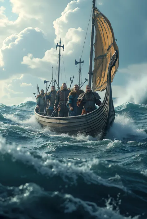 **Prompt:** Design a breathtakingly detailed landscape scene depicting a Viking seafaring army navigating the long wooden boat on the tumultuous waters of the medieval North Sea. Showcase hyper-realism in the composition, featuring a long size Viking long ...