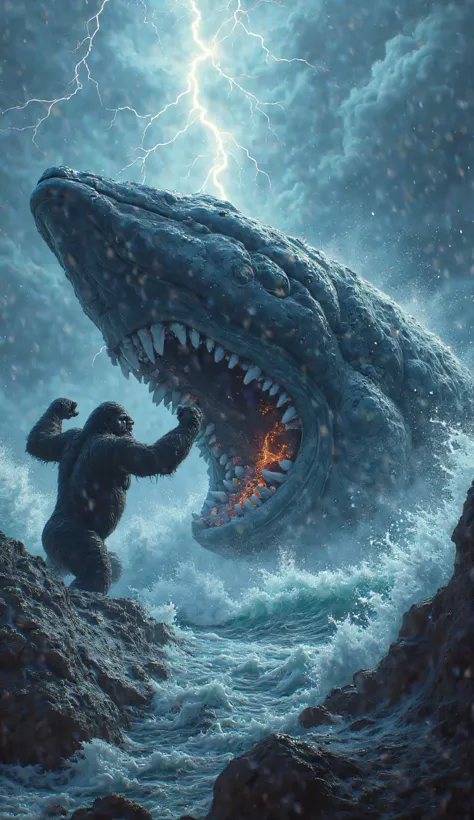 Ultra-HD, Highly Detailed Prompt:

*“A colossal, battle-scarred gorilla clashes with a monstrous blue whale in the middle of a raging ocean, their titanic battle shaking the sea. The gorilla, its wet fur glistening under the stormy sky, leaps from a jagged...