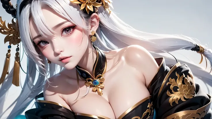 super high quality, masterpiece, Perfect illustration, Very detailed:1.6,　white barance, 1girl, 23 years old, cute girl, white hair, sharp and big beautiful eyes, medium breasts, bright skin. fantasy royalty, onmyoji, majesty, asian dress. black and gold c...