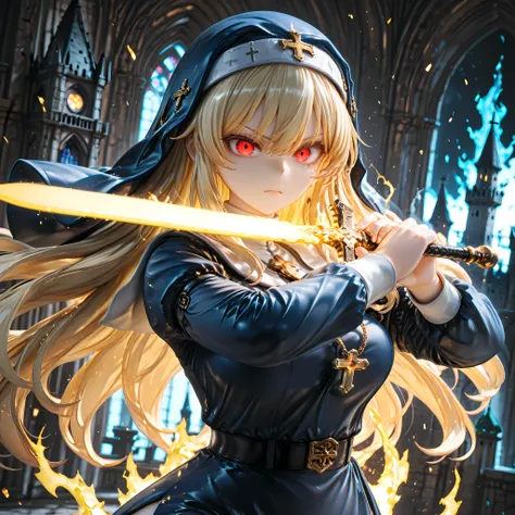 solo, 1girl, aiming a Longsword at viewer, (glowing yellow sword, aura:1.3), fighting stance, 
BREAK 1girl, nun, long dress, (navy:1.3) dress, glowing red eyes, long blonde hair, serious,
BREAK night, dark background, castle,
BREAK diffraction spikes, dept...