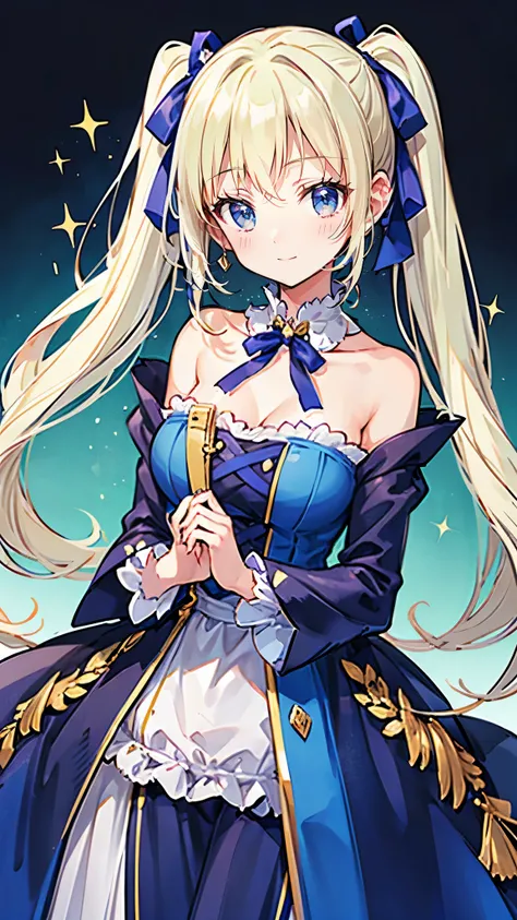 > "An anime-style girl with large almond-shaped emerald green eyes and long curled twin-tails in platinum blonde. Her bangs are slightly parted, revealing part of her forehead. She has an elegant and gentle smile, with a refined and aristocratic aura. She ...