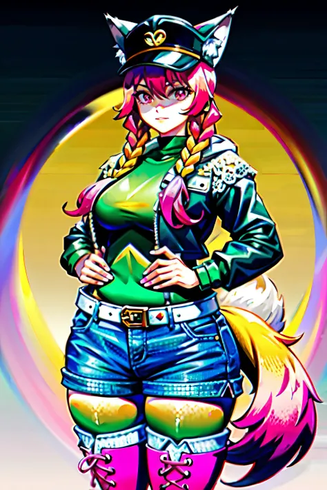 (best quality:2.0), (crisp:2.0), (highres:2.0), (((a rich yellow and pink gradient wolf tail:2.0))), anime, full body:2.0, (single image), (solo beautiful lady:2.0), (masterpiece:2.0), (detailed face:2.0), (detailed eyes:1.4), ((denim shorts:2.0)), ((thick...