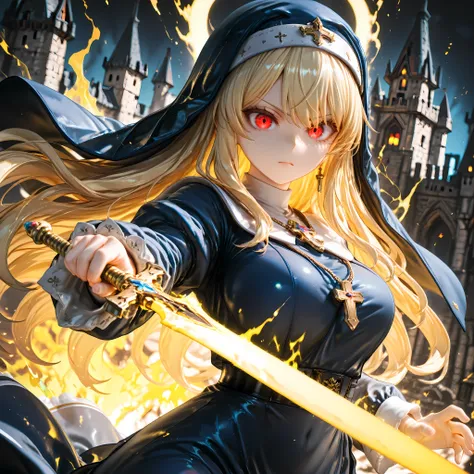solo, 1girl, aiming a Longsword at viewer, (glowing yellow sword, aura:1.3), fighting stance, 
BREAK 1girl, nun, long dress, (navy:1.3) dress, glowing red eyes, long blonde hair, serious,
BREAK night, dark background, castle,
BREAK diffraction spikes, dept...