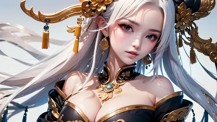 super high quality, masterpiece, Perfect illustration, Very detailed:1.6,　white barance, 1girl, 23 years old, cute girl, white hair, sharp and big beautiful eyes, medium breasts, bright skin. fantasy royalty, onmyoji, majesty, asian dress. black and gold c...