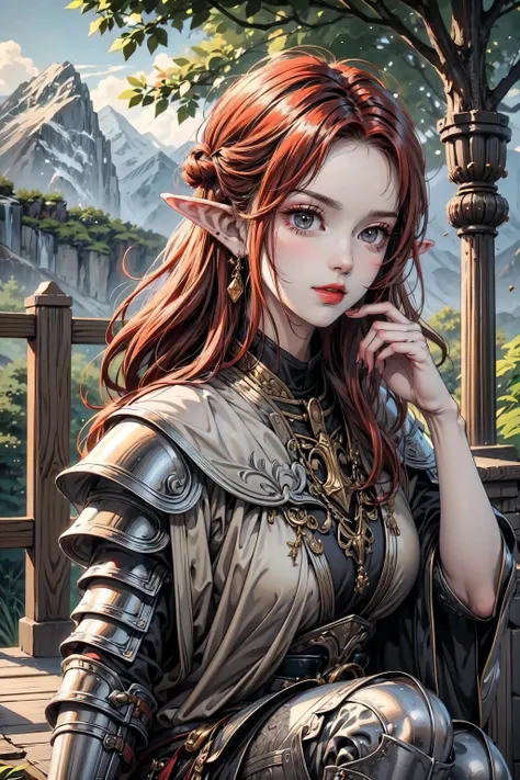 Full body, red hair, full shot, elf girl, mature woman, pointy ears , medieval armor, armored,outside in forest background ,mountains in distance, HD eyes, detailed eyes, colorful eyes, people in background, people,black boots ,golden eyes,