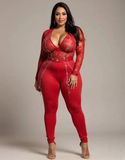 ((Full body)), front view,  makeup,   straight  hair, bigboobs, ((luxury lace red wrap diamond jumpsuit,  high heels, high heels, (((plus size curvy body, wide hips))) )), plain background
