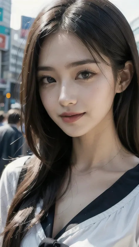 Beautiful girl in sailor suit, Shibuya City、is smiling, long hair, Ultra-fine, 8k, RAW photo, 最high quality, masterpiece:1.45, real , realistic:1.37, has very fine skin texture, very detailed, high quality, One Person Point of View