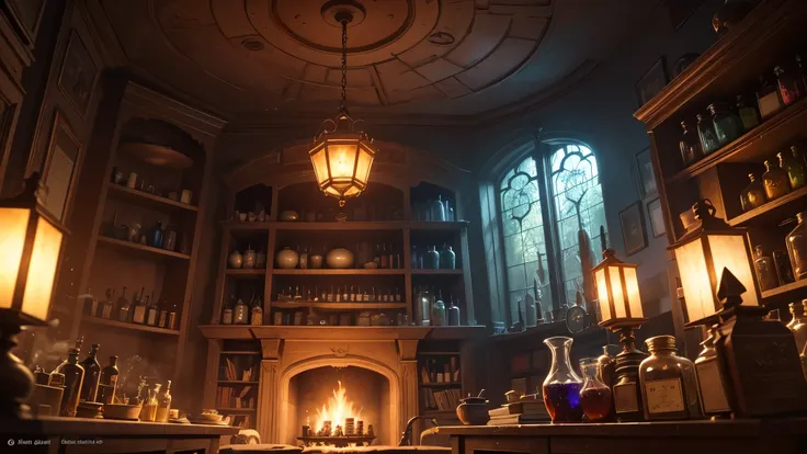 プロンプト①: "An old mystical apothecary hidden deep within an enchanted forest. The shop is dimly lit with flickering lanterns and candles, casting eerie shadows. Shelves are overflowing with ancient potion bottles, rare dried herbs, and magical trinkets. A la...