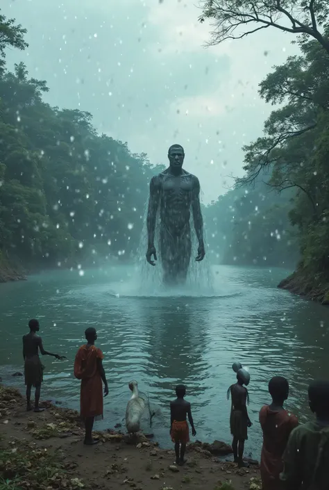 A large river surrounded by dense forest, with an aura of mystery. The water seems to shimmer with a faint, magical glow. In the center, an ancient, powerful figure, resembling a god, emerges from the river, partially submerged in water. This figure is gia...