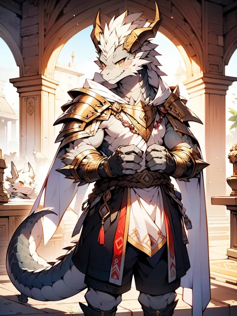 alone， strong body ，身穿银色 whole body铠甲， youth， light gray dragon ，Light gray body， light gray skin ，White belly，silver plush dragon tail，Furry dragon tail ，golden eye， gold dragon horn ，Full of majesty，  sunny and cheerful  ，Paladin， Very detailed face with...